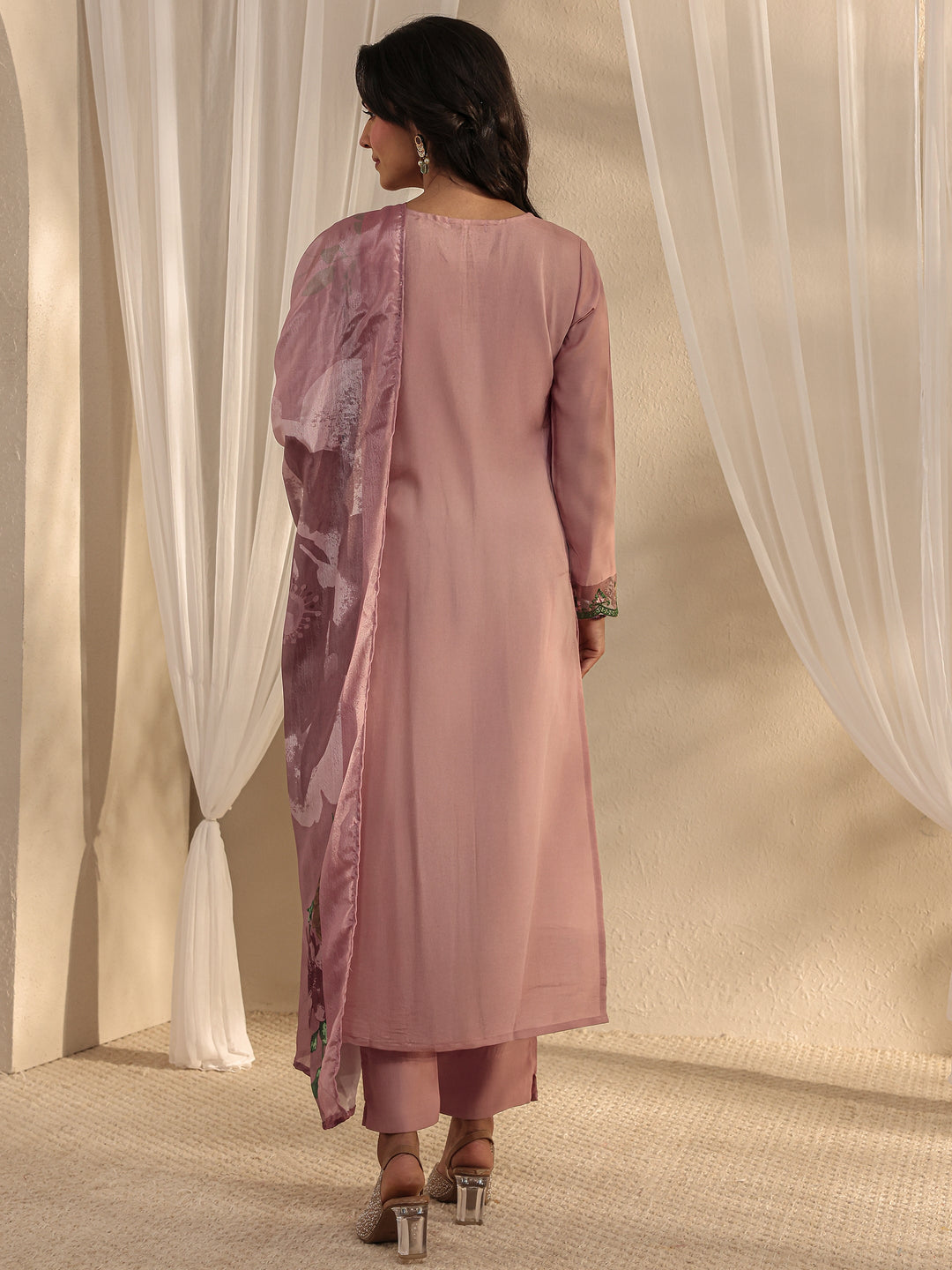 Peach Floral Embroidered Silk Blend Straight Suit Set With Dupatta