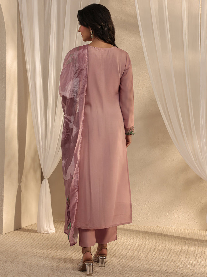 Peach Floral Embroidered Silk Blend Straight Suit Set With Dupatta