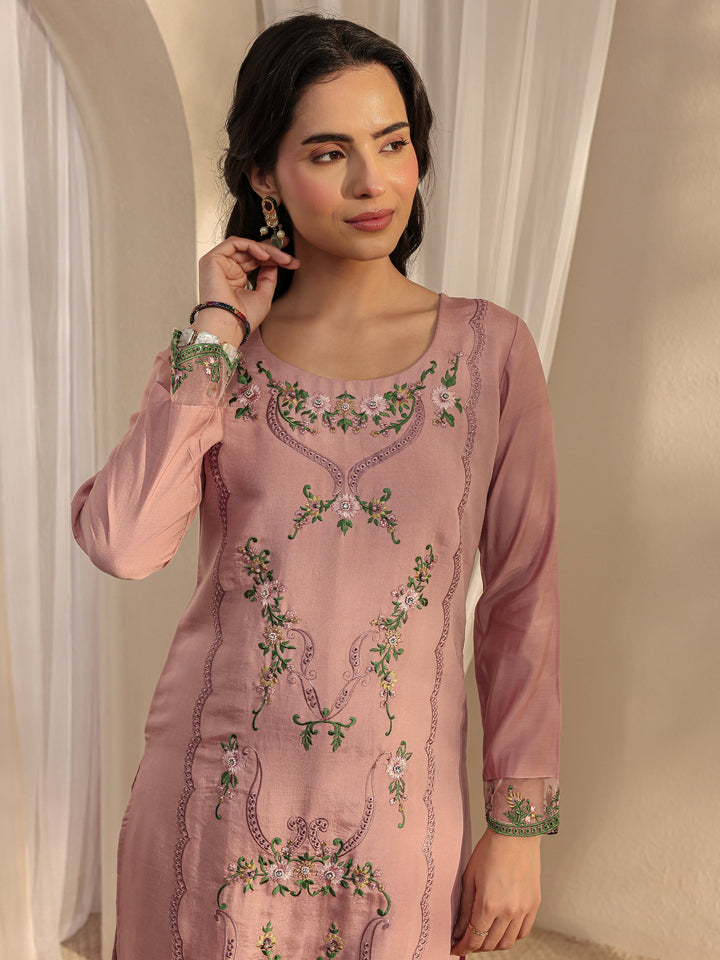 Peach Floral Embroidered Silk Blend Straight Suit Set With Dupatta