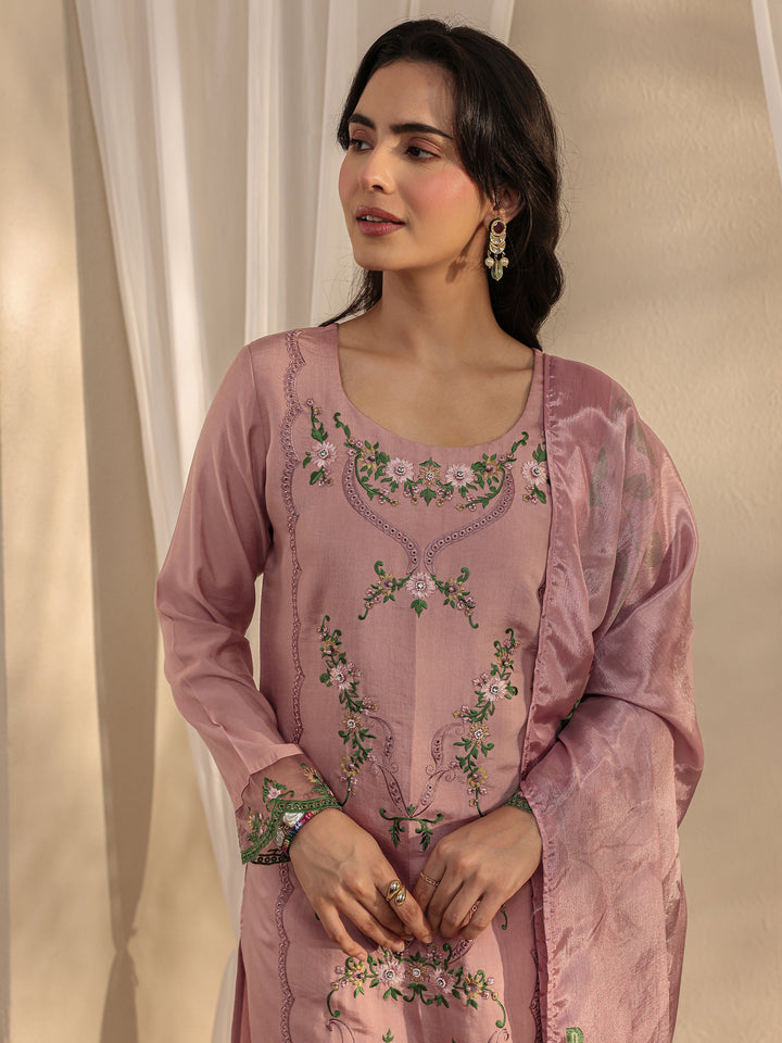 Peach Floral Embroidered Silk Blend Straight Suit Set With Dupatta