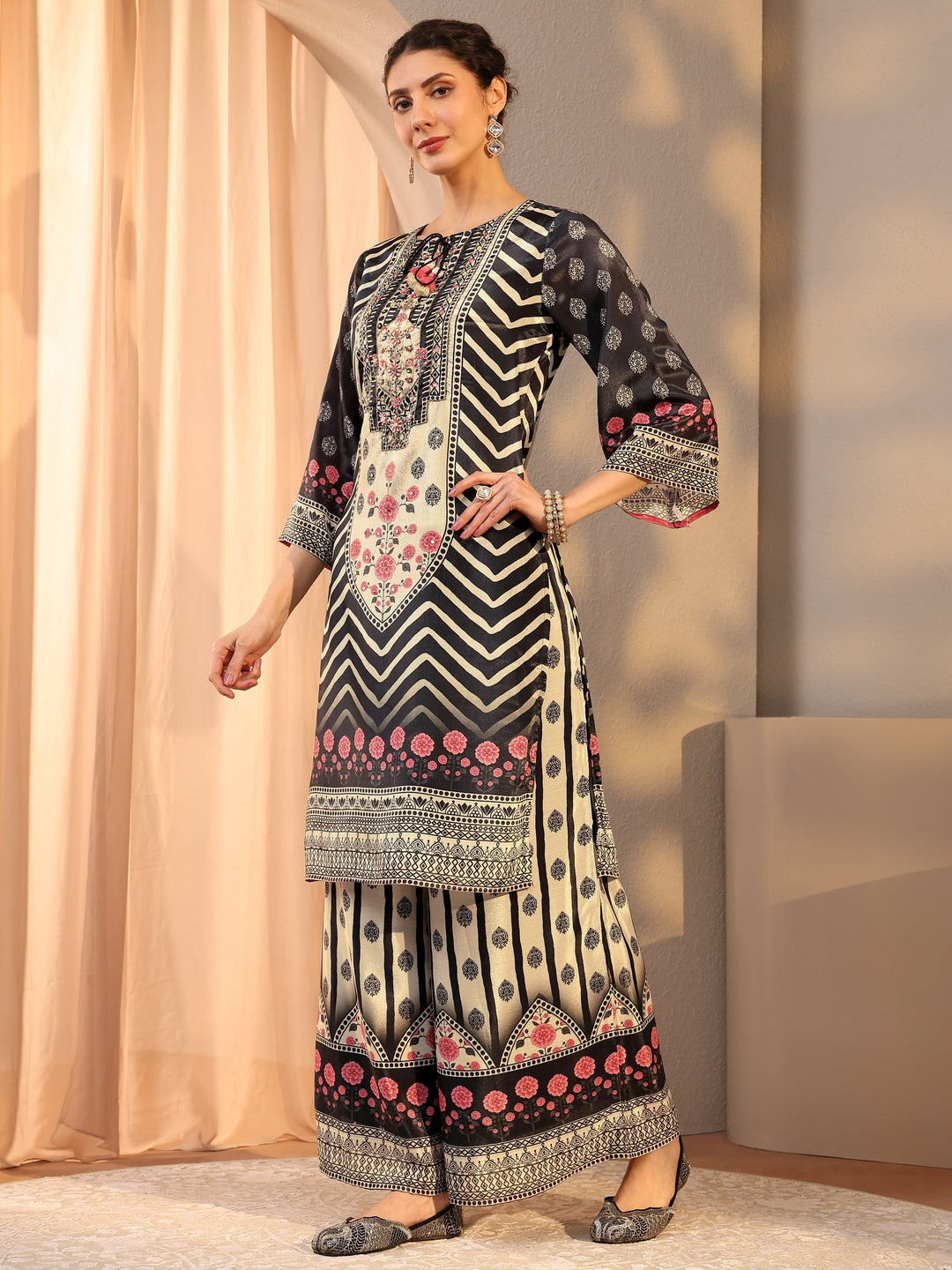 Black Chevron Printed Chinon Straight Suit Set With Dupatta