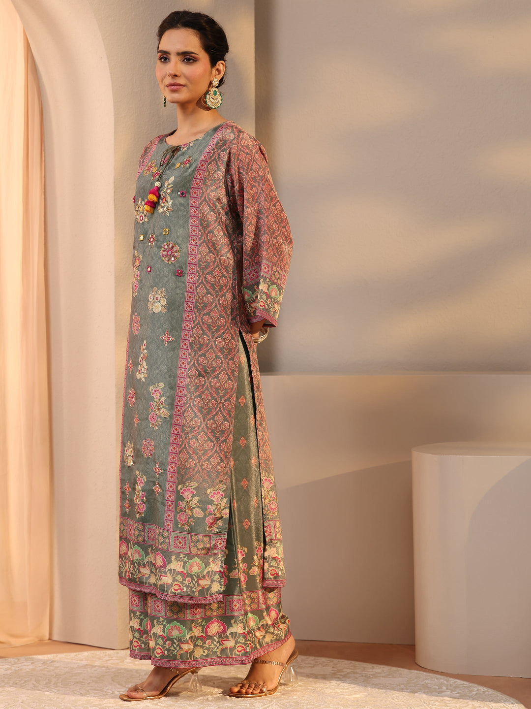 Green Printed Chinon Palazzo Suit Set With Dupatta