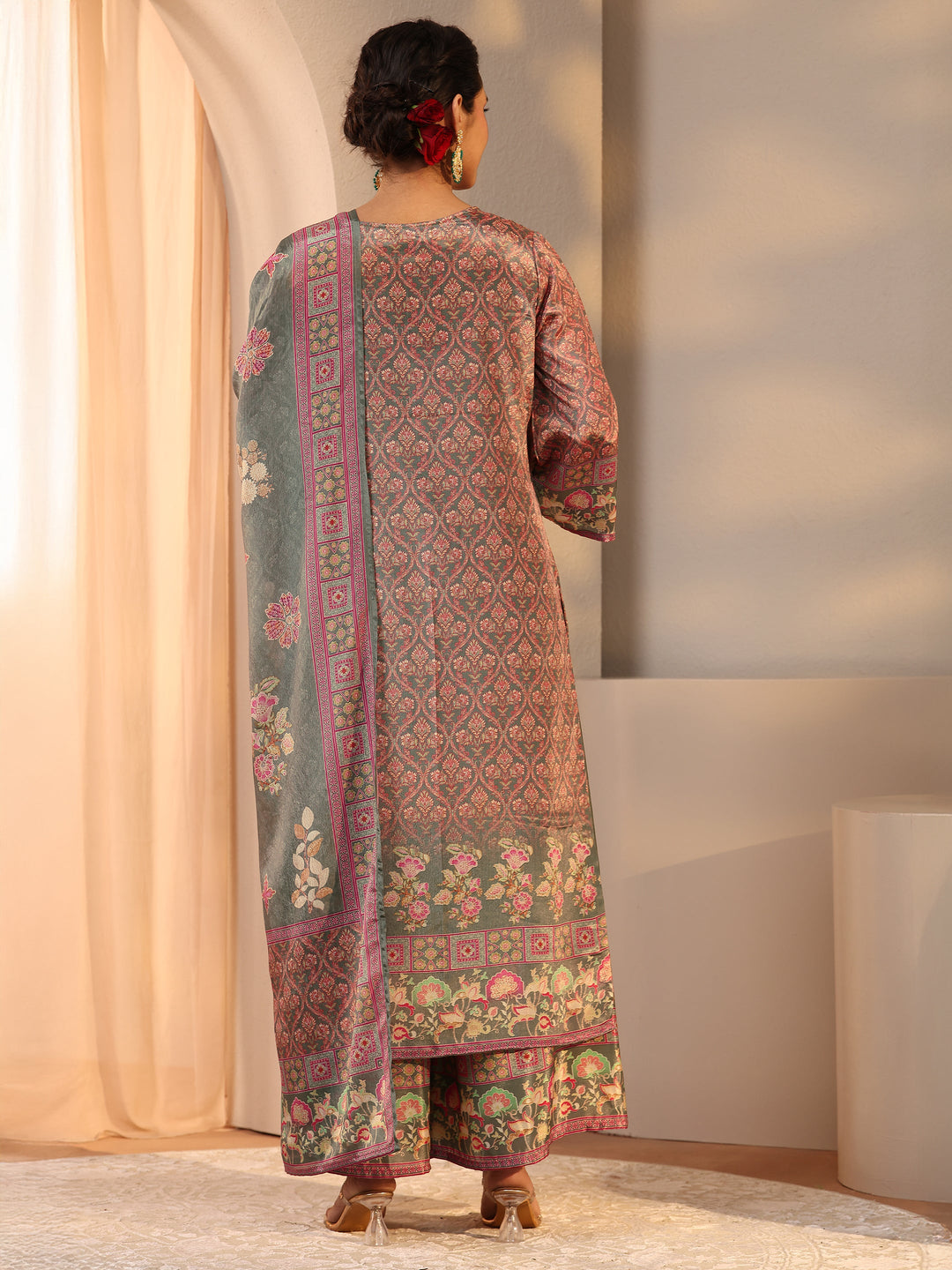 Green Printed Chinon Palazzo Suit Set With Dupatta