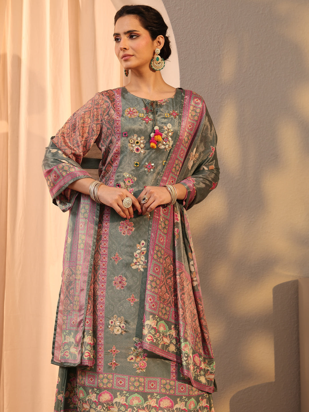 Green Printed Chinon Palazzo Suit Set With Dupatta