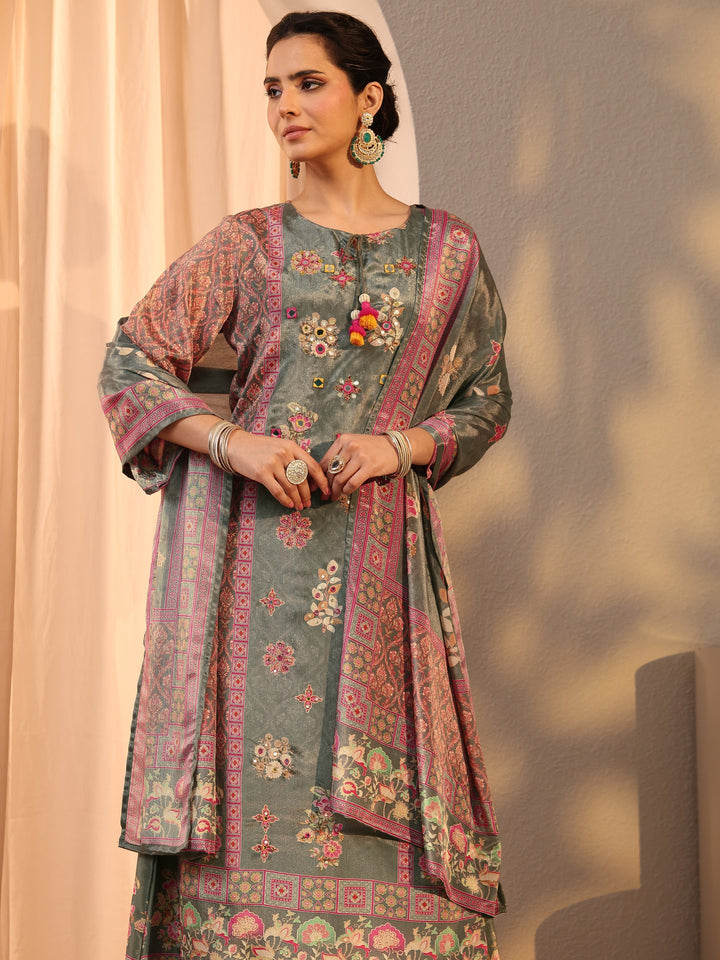 Green Printed Chinon Palazzo Suit Set With Dupatta