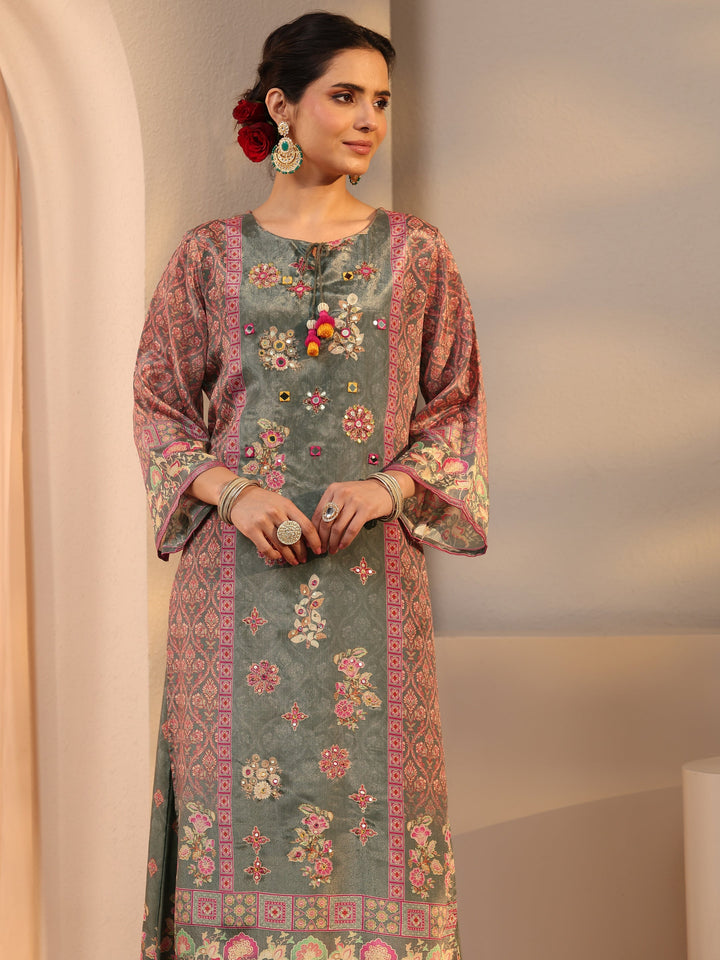 Green Printed Chinon Palazzo Suit Set With Dupatta