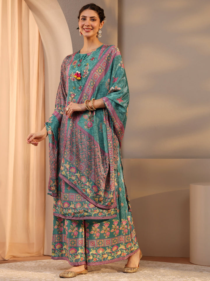 Green Printed Chinon Straight Suit Set With Dupatta