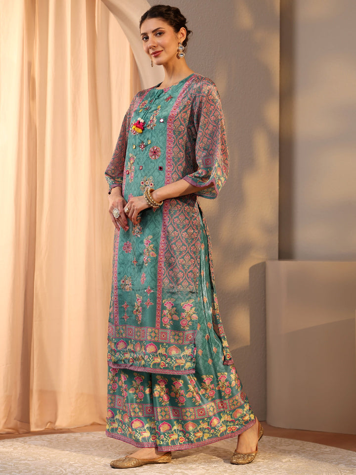 Green Printed Chinon Straight Suit Set With Dupatta