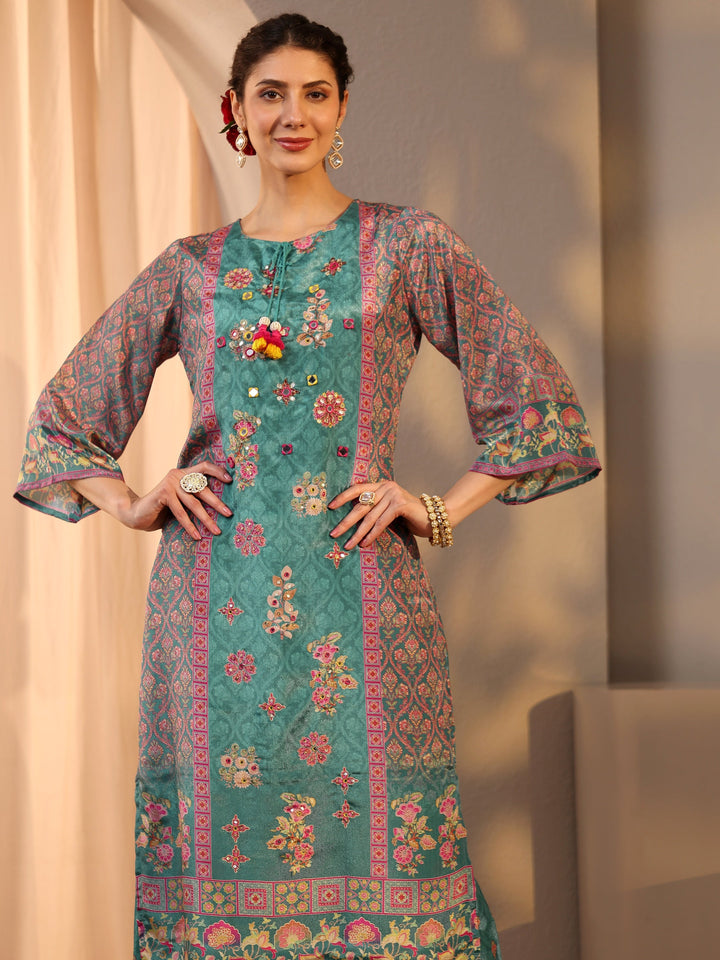 Green Printed Chinon Straight Suit Set With Dupatta