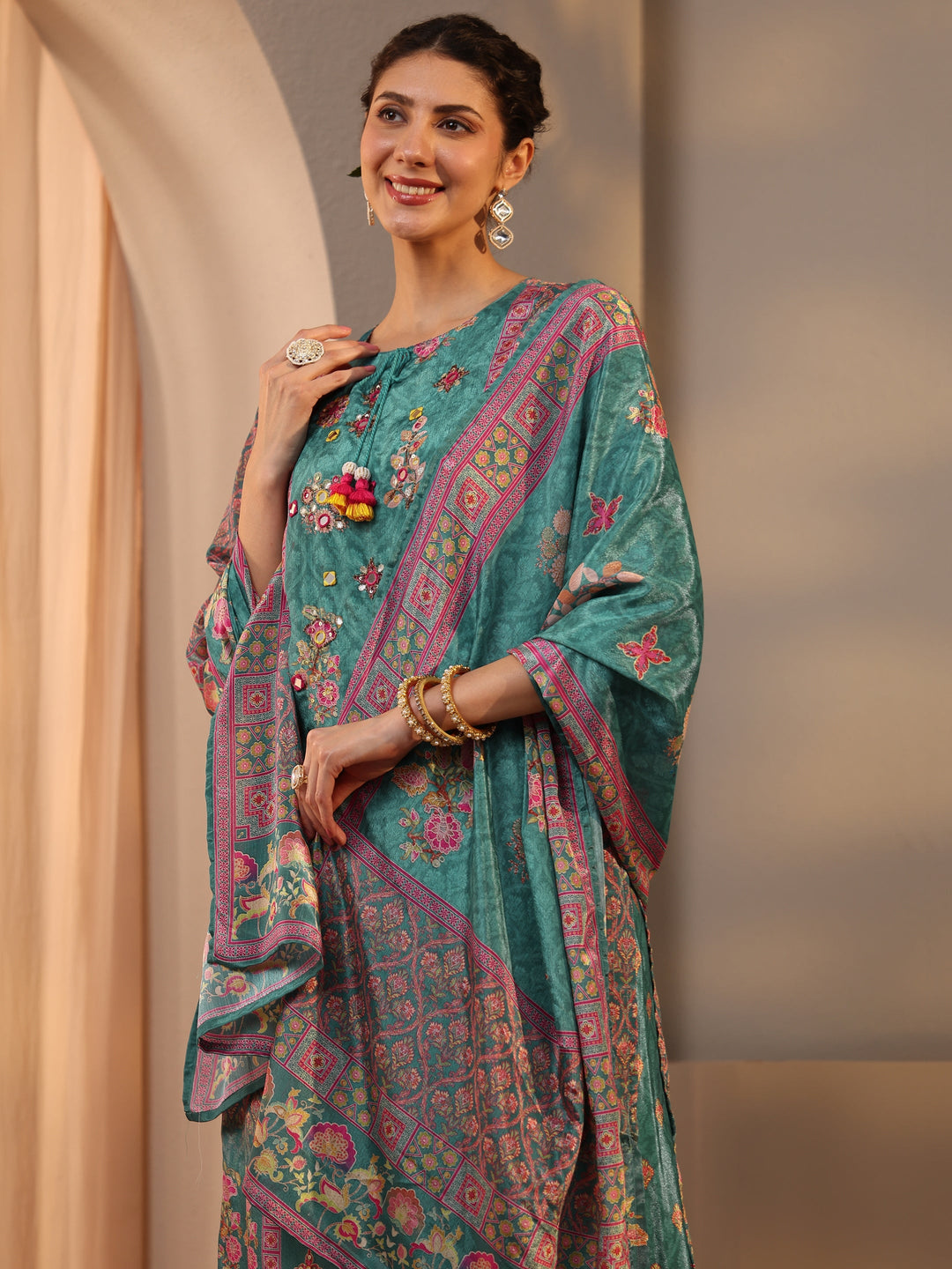 Green Printed Chinon Straight Suit Set With Dupatta