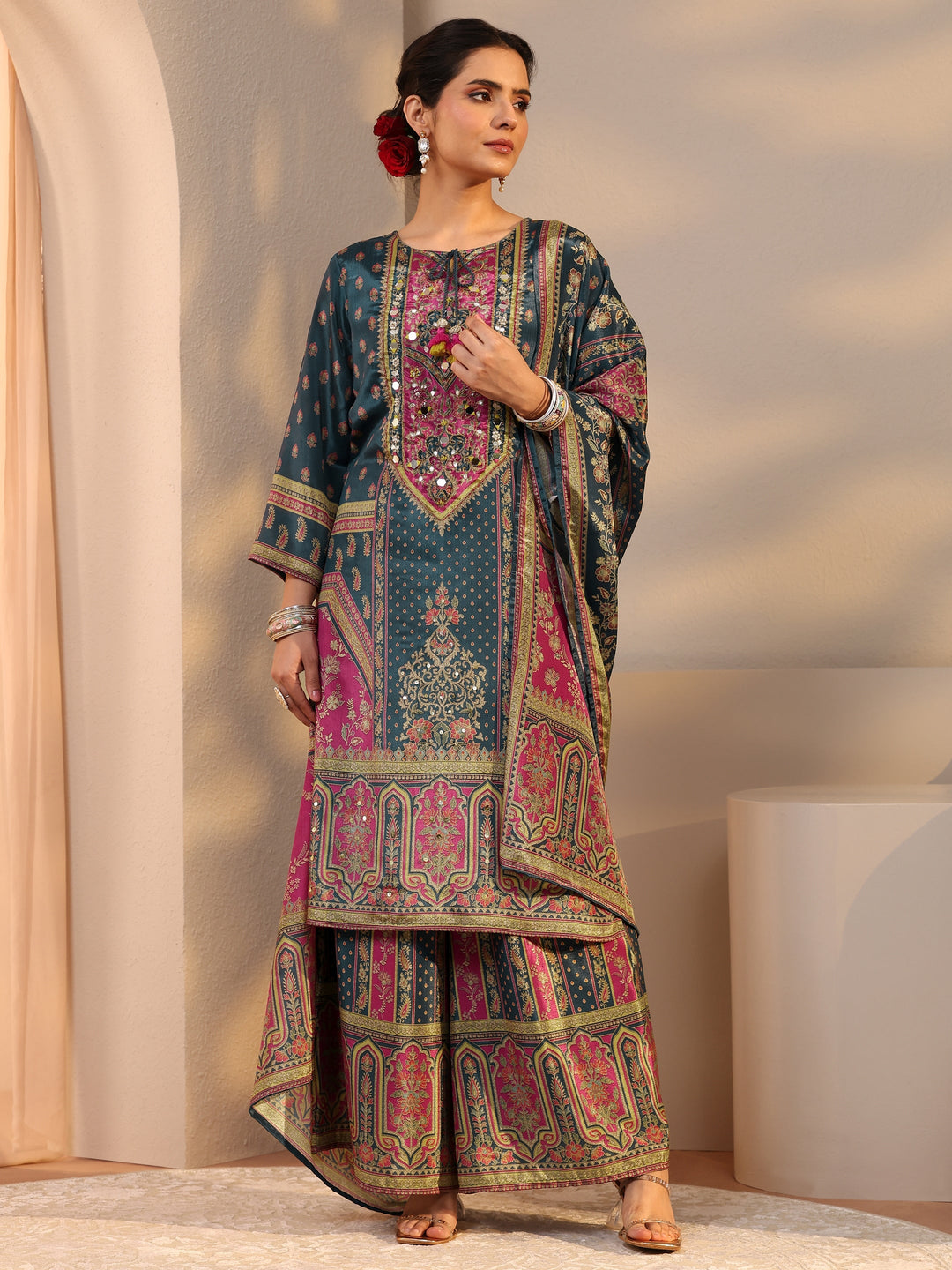 Blue Printed Chinon Palazzo Suit Set With Dupatta