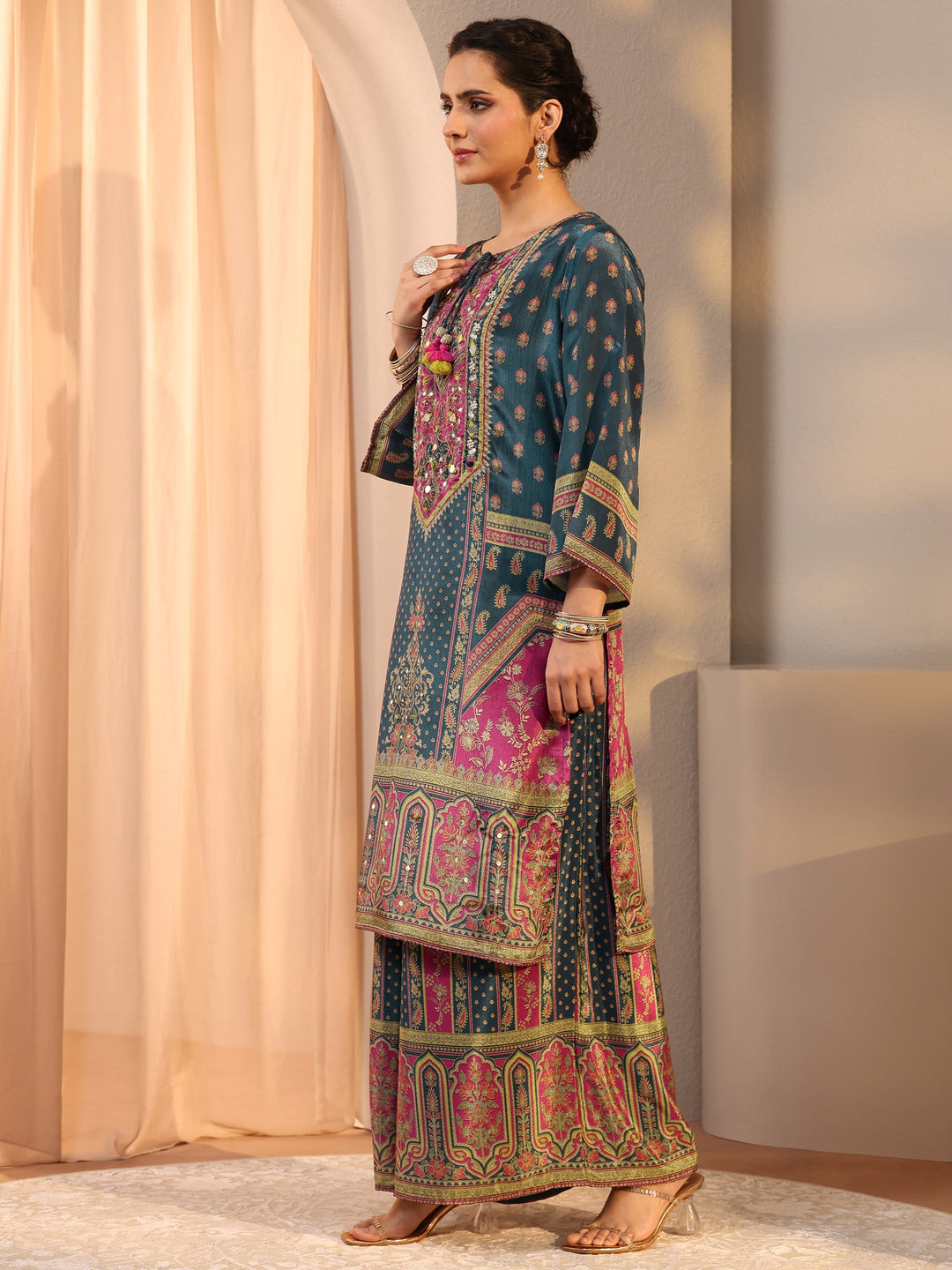 Blue Printed Chinon Palazzo Suit Set With Dupatta