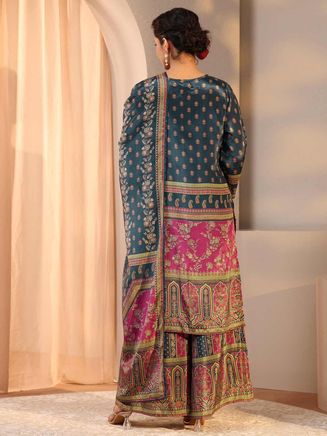 Blue Printed Chinon Palazzo Suit Set With Dupatta