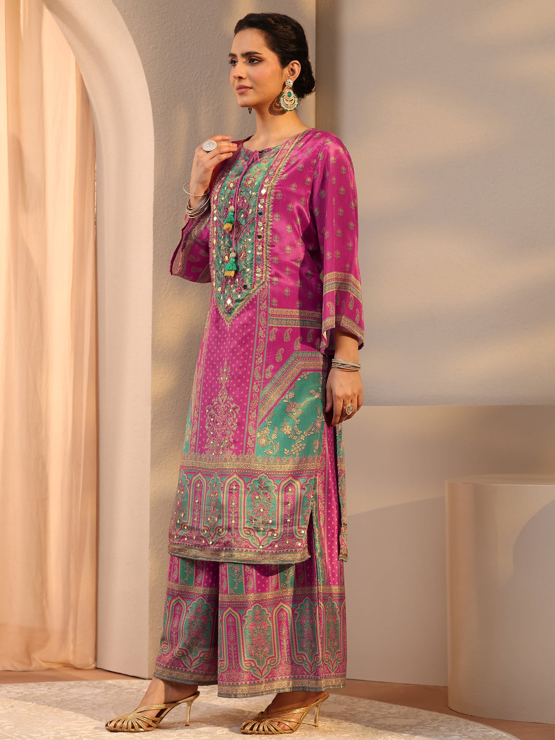 Pink Printed Chinon Palazzo Suit Set With Dupatta