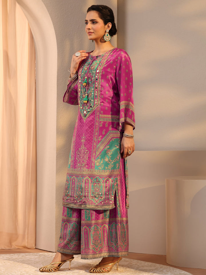 Pink Printed Chinon Palazzo Suit Set With Dupatta