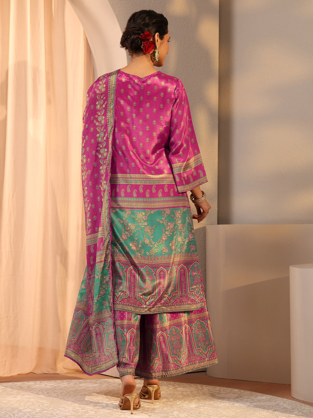 Pink Printed Chinon Palazzo Suit Set With Dupatta