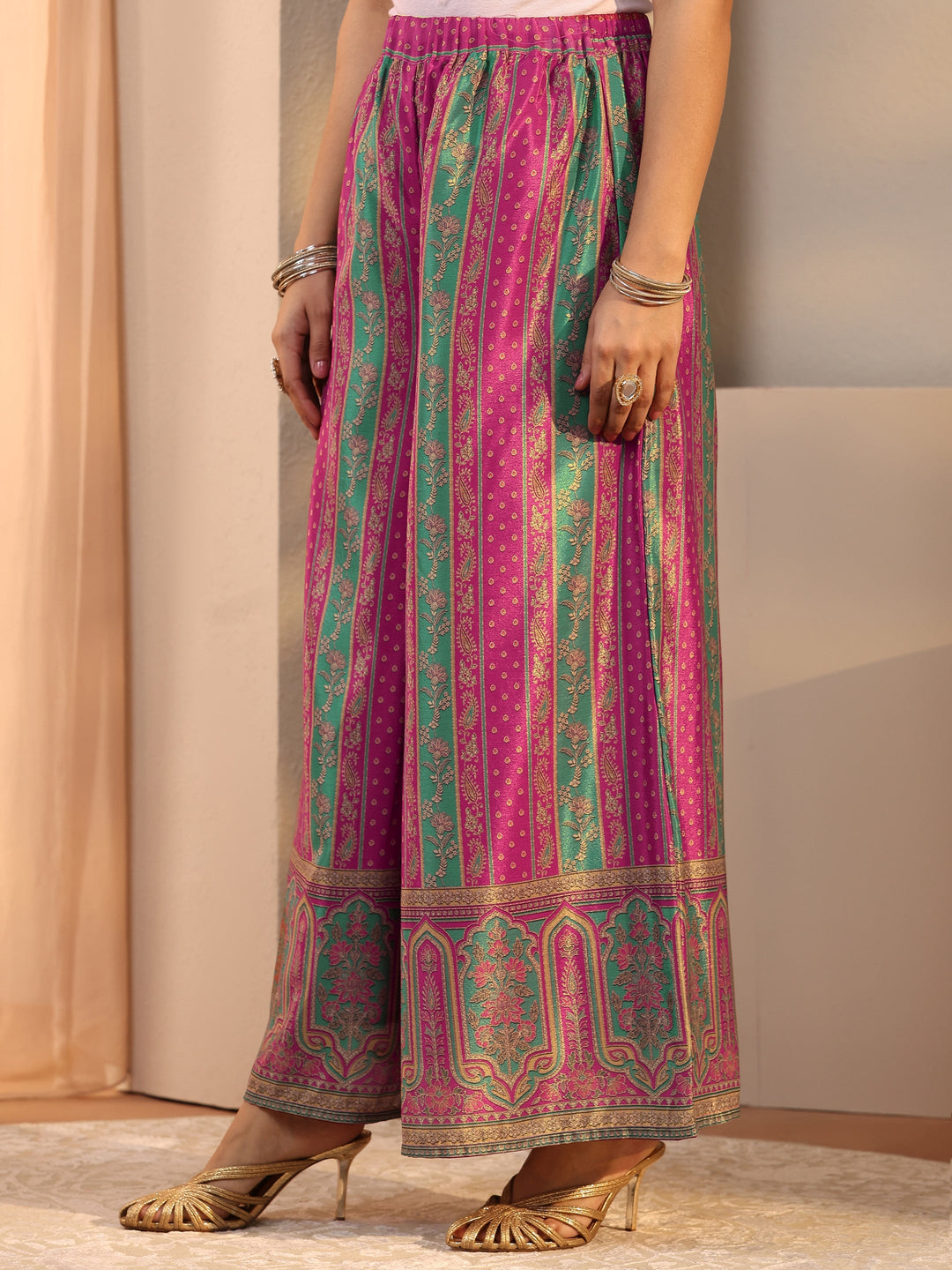 Pink Printed Chinon Palazzo Suit Set With Dupatta