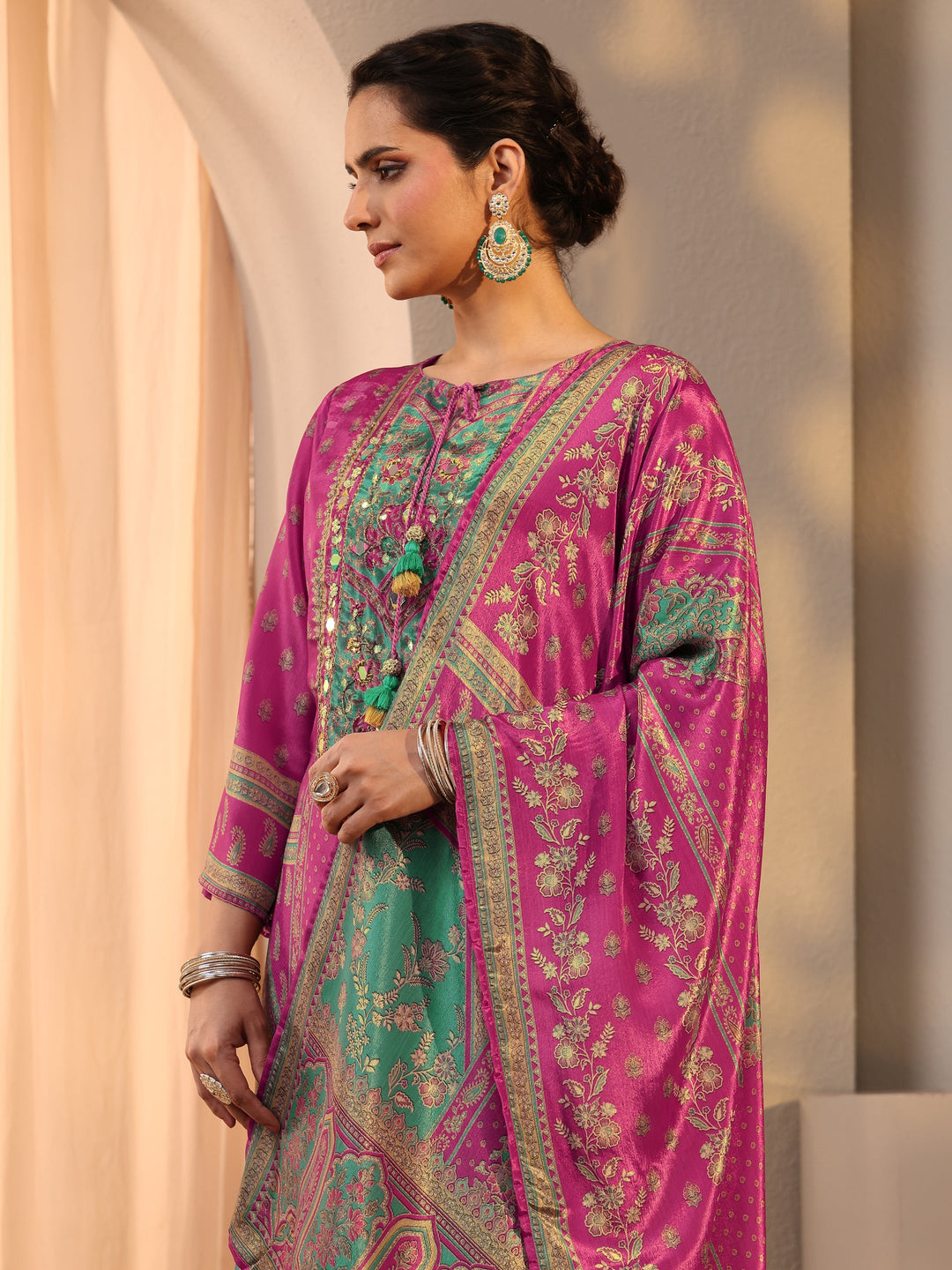 Pink Printed Chinon Palazzo Suit Set With Dupatta