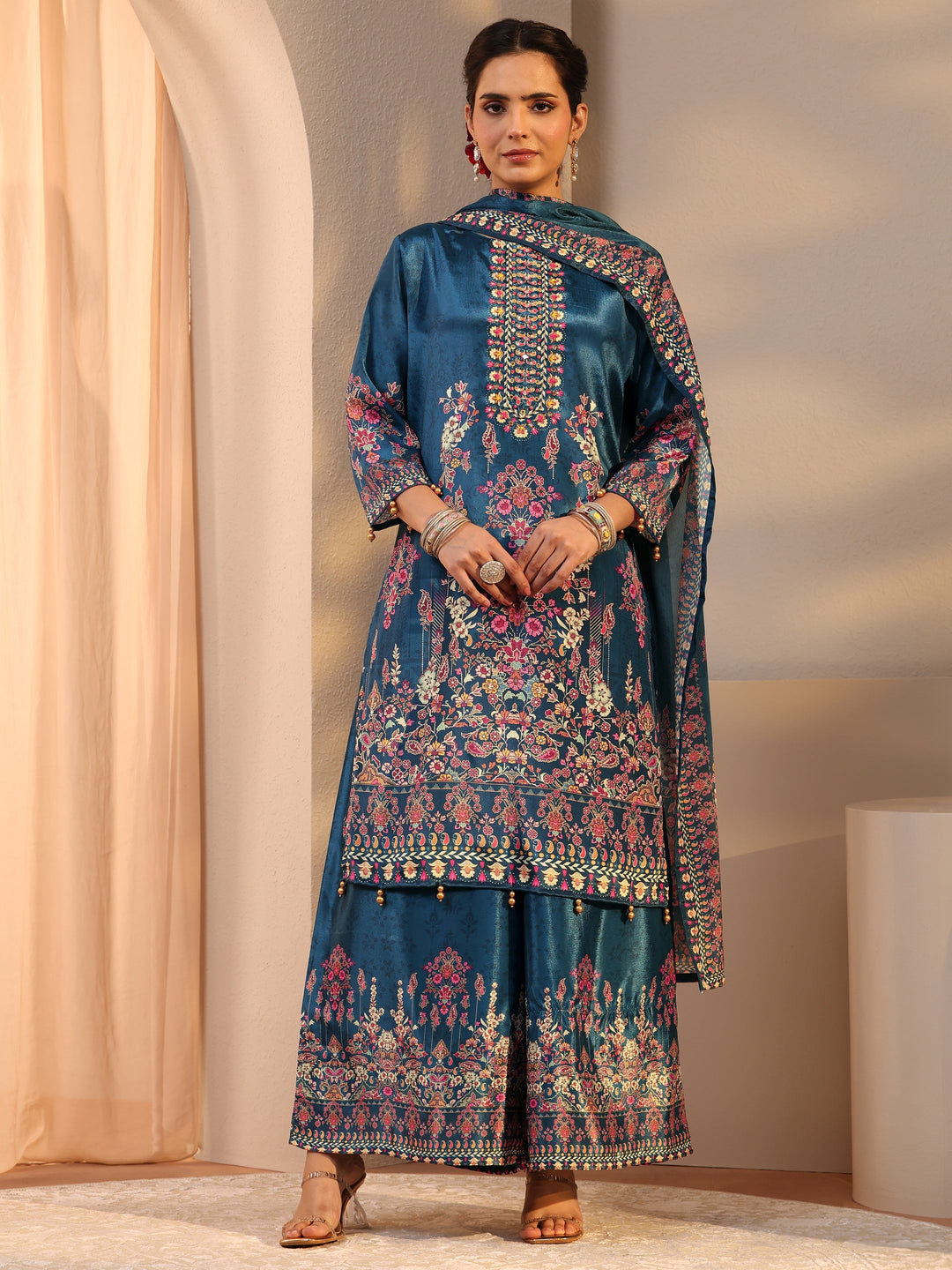 Blue Printed Chinon Palazzo Suit Set With Dupatta