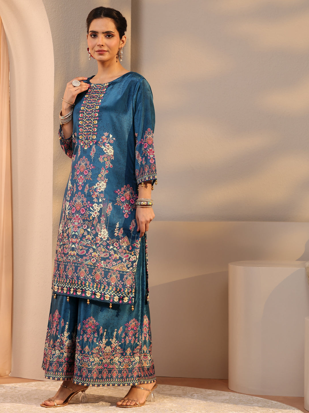 Blue Printed Chinon Palazzo Suit Set With Dupatta