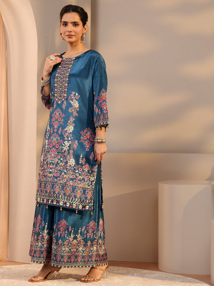 Blue Printed Chinon Palazzo Suit Set With Dupatta