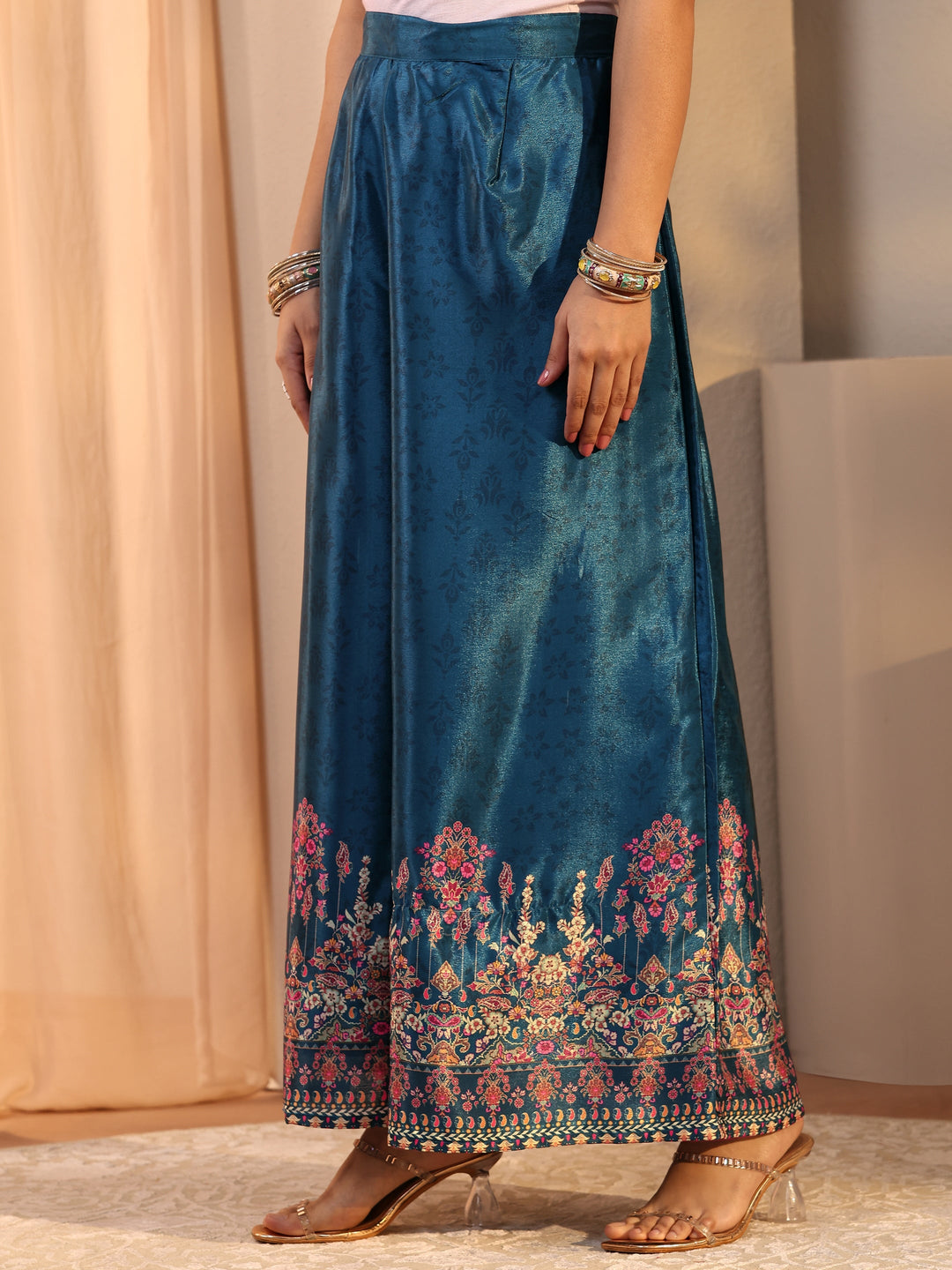 Blue Printed Chinon Palazzo Suit Set With Dupatta