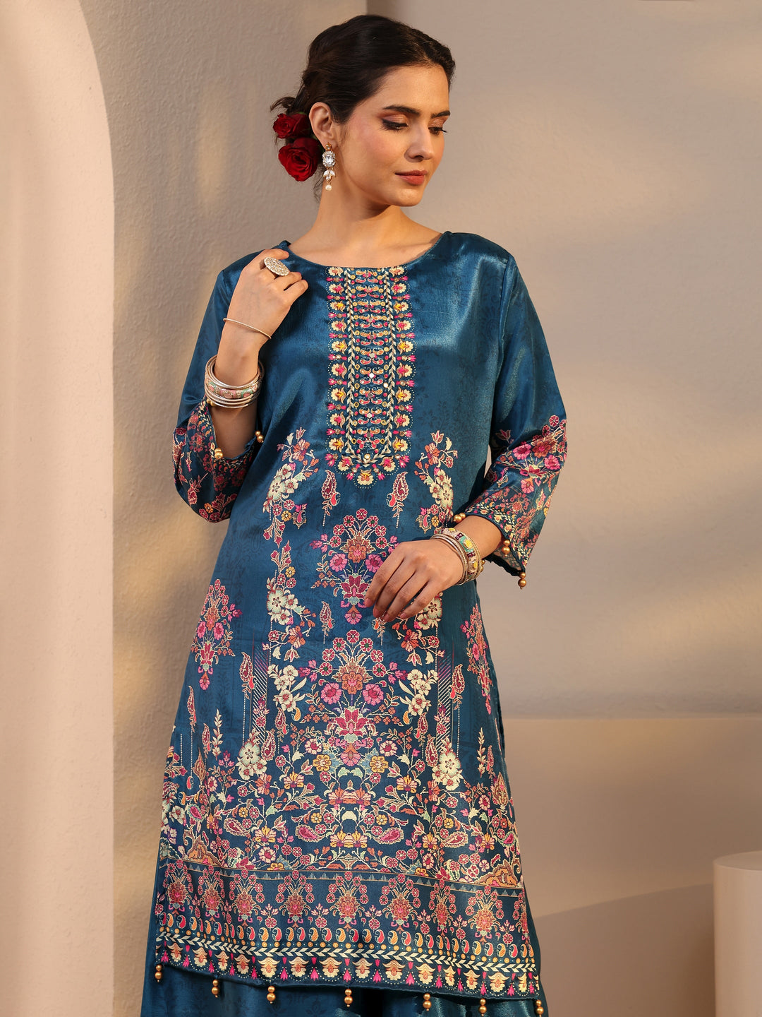 Blue Printed Chinon Palazzo Suit Set With Dupatta