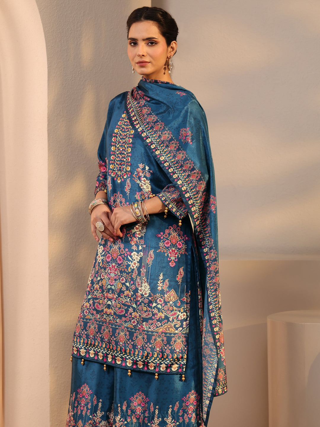 Blue Printed Chinon Palazzo Suit Set With Dupatta