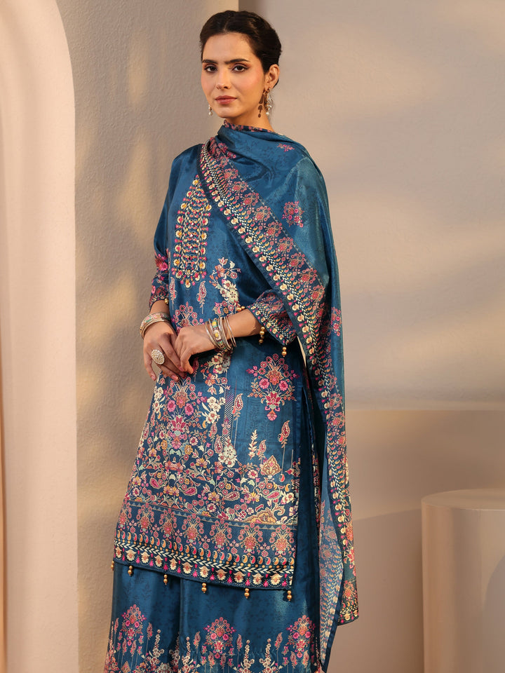 Blue Printed Chinon Palazzo Suit Set With Dupatta