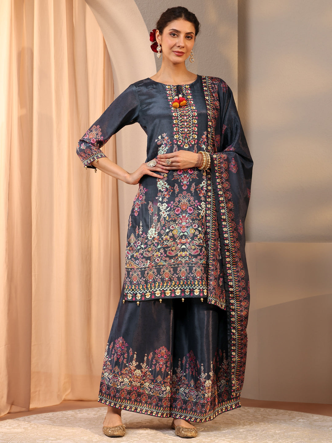 Grey Printed Chinon Straight Suit Set With Dupatta