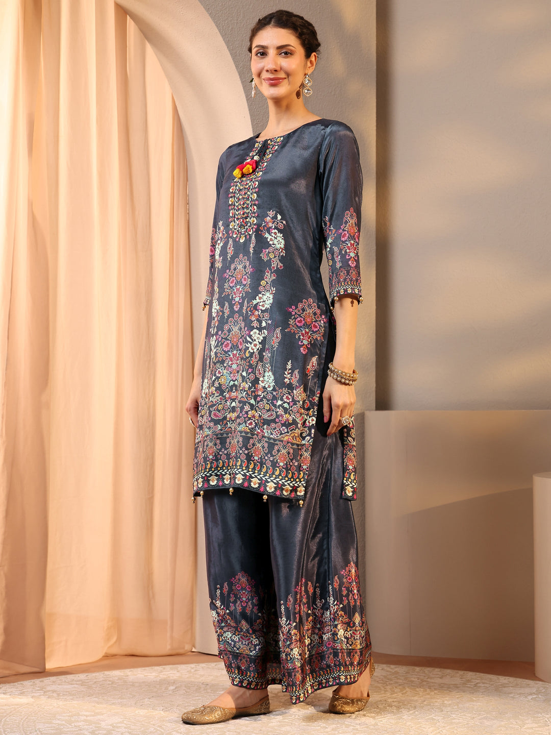Grey Printed Chinon Straight Suit Set With Dupatta