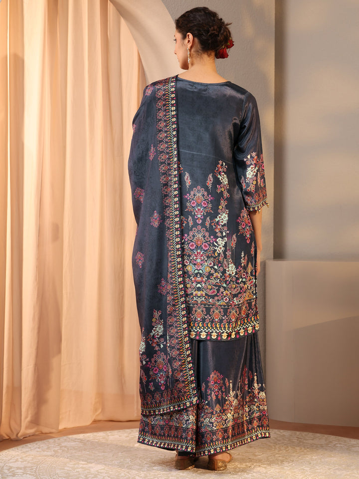 Grey Printed Chinon Straight Suit Set With Dupatta