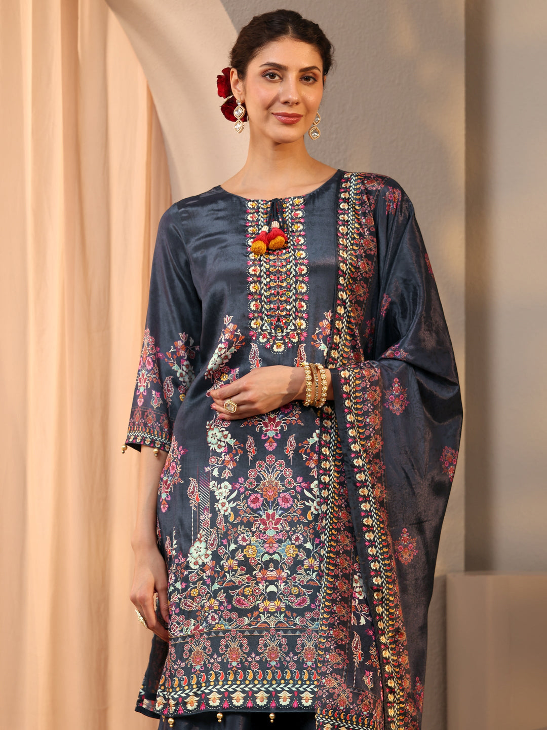 Grey Printed Chinon Straight Suit Set With Dupatta