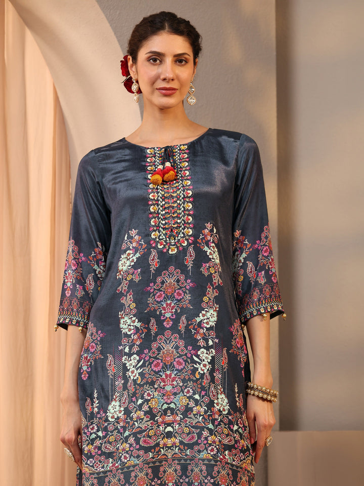Grey Printed Chinon Straight Suit Set With Dupatta