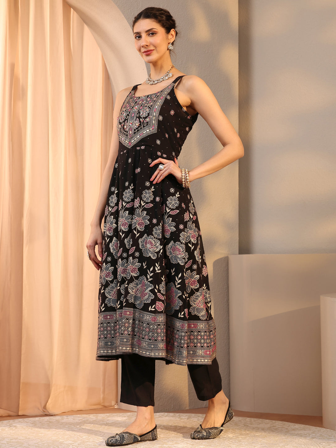Black Floral Embellished Georgette A-Line Suit Set With Dupatta