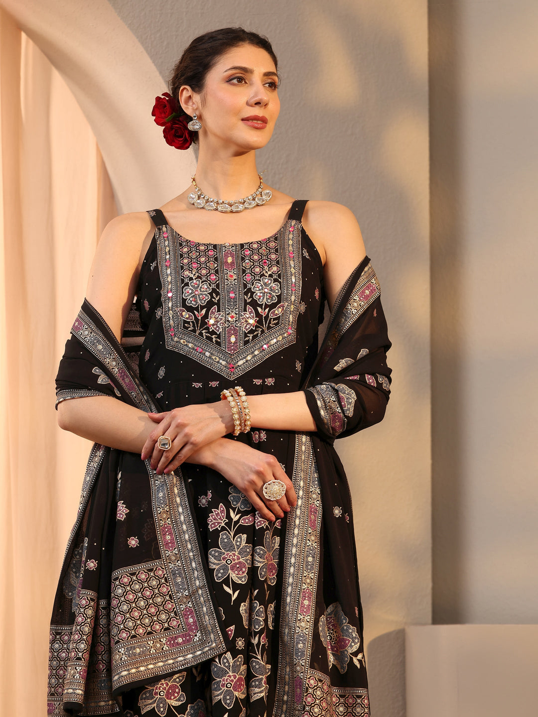 Black Floral Embellished Georgette A-Line Suit Set With Dupatta