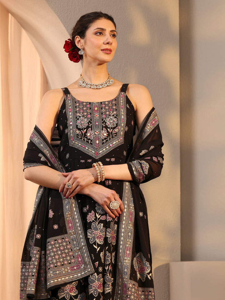 Black Floral Embellished Georgette A-Line Suit Set With Dupatta
