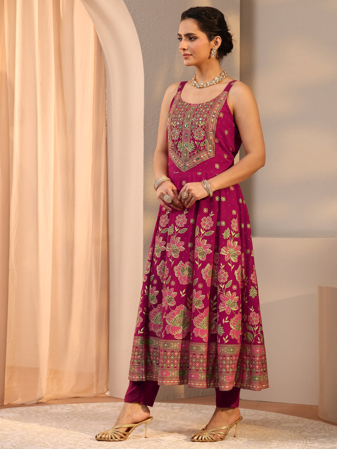 Pink Floral Printed Georgette A-Line Suit Set With Dupatta