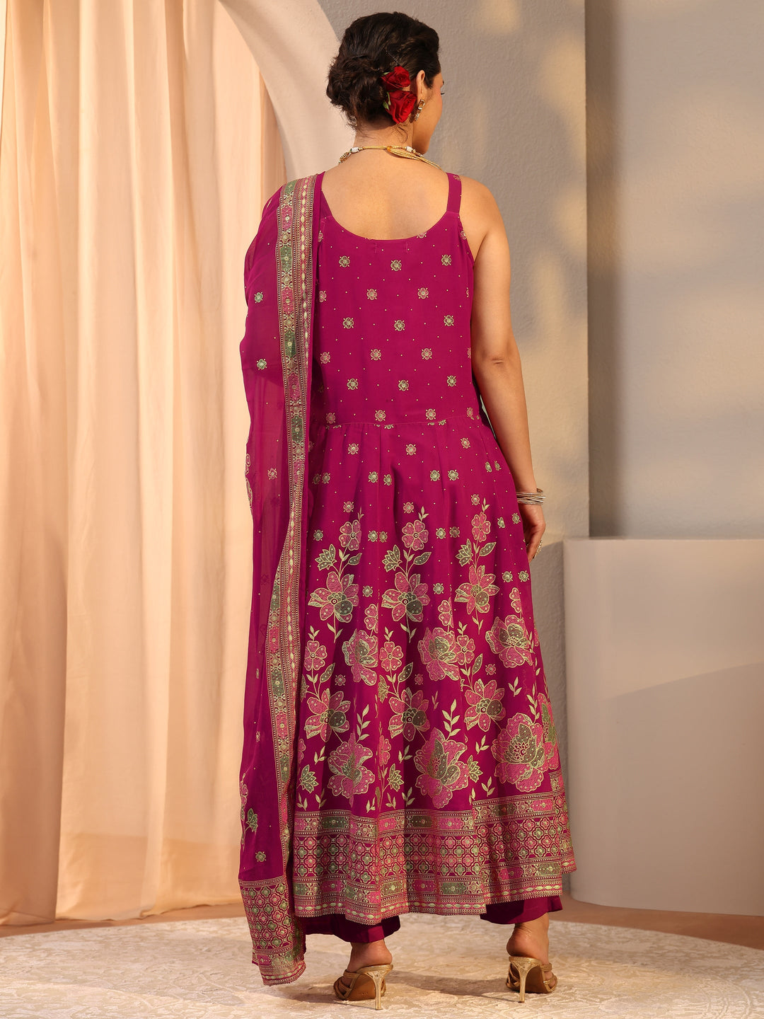 Pink Floral Printed Georgette A-Line Suit Set With Dupatta