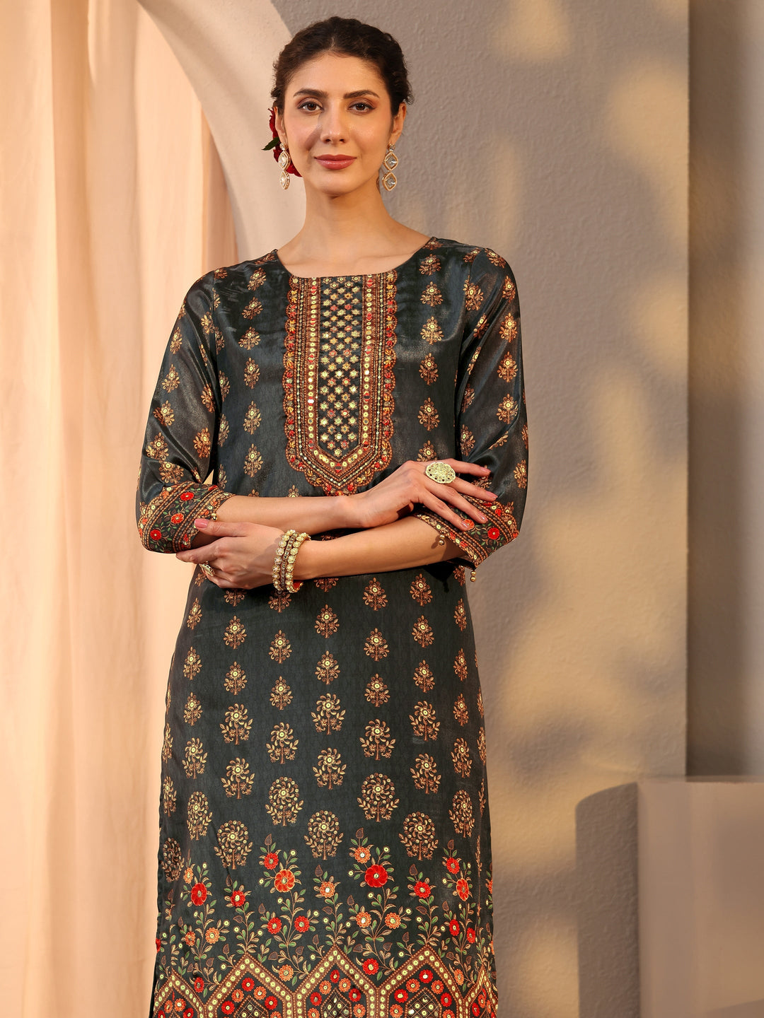 Black Printed Chinon Sharara Suit Set With Dupatta