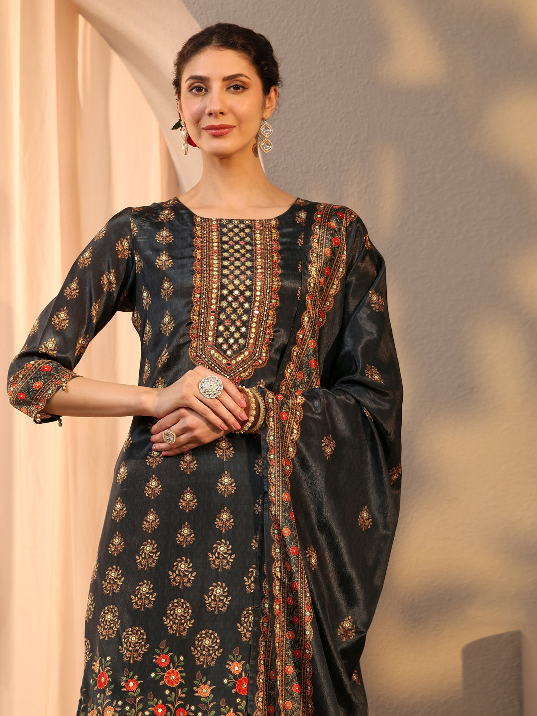 Black Printed Chinon Sharara Suit Set With Dupatta