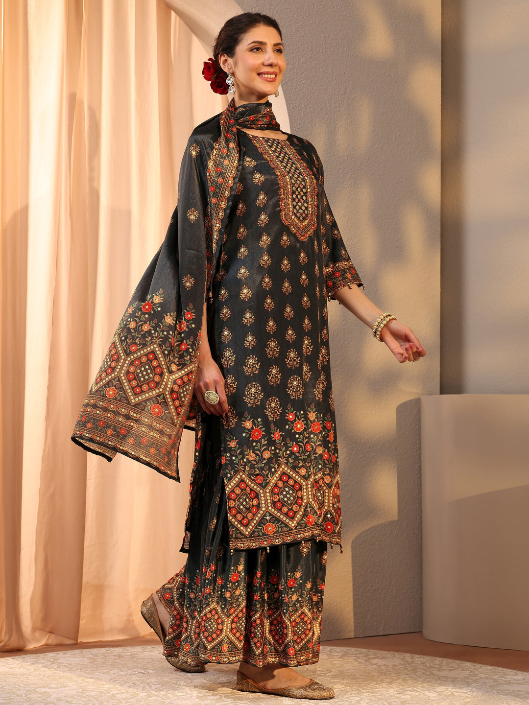 Black Printed Chinon Sharara Suit Set With Dupatta
