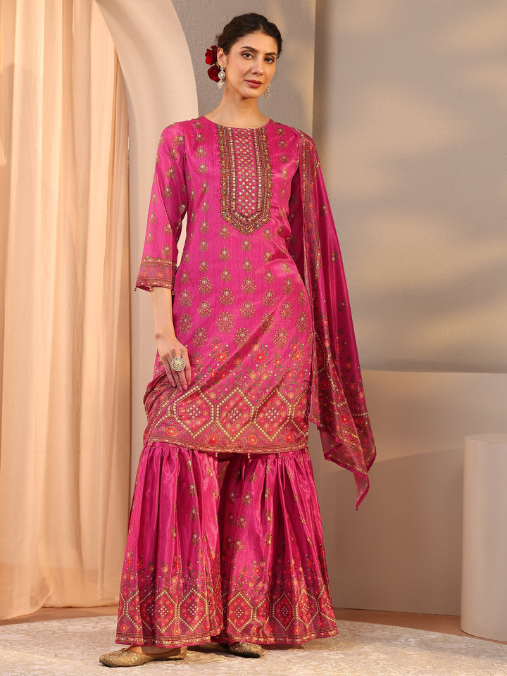 Pink Printed Chinon Sharara Suit Set With Dupatta