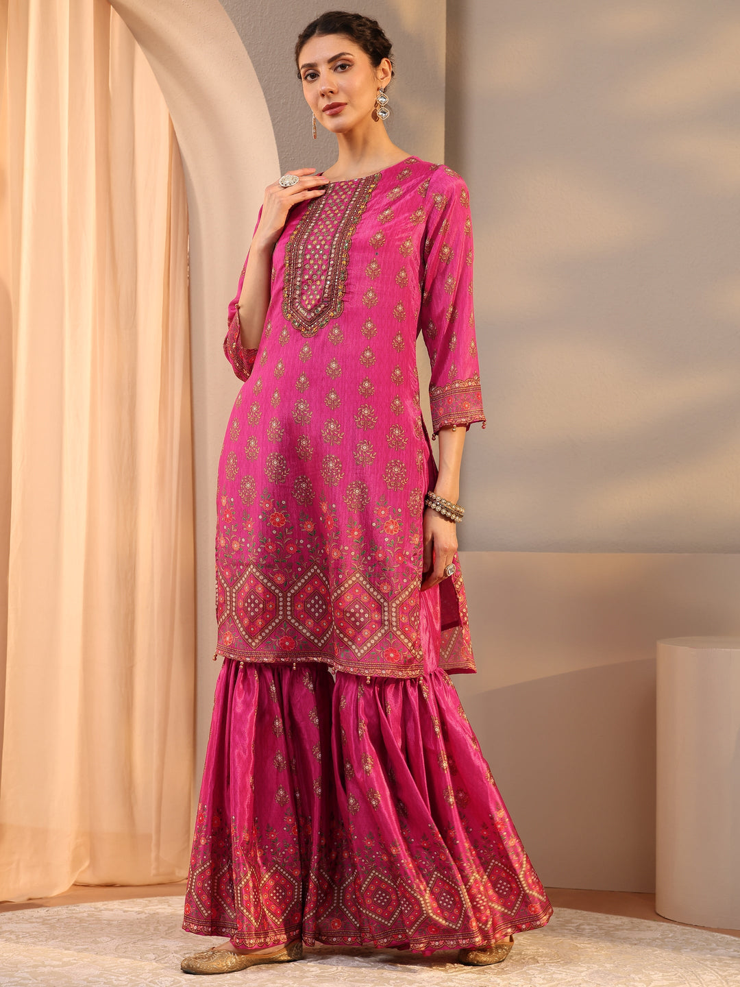 Pink Printed Chinon Sharara Suit Set With Dupatta
