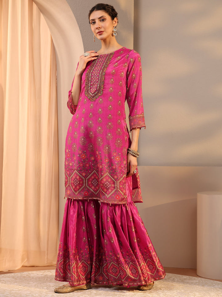 Pink Printed Chinon Sharara Suit Set With Dupatta