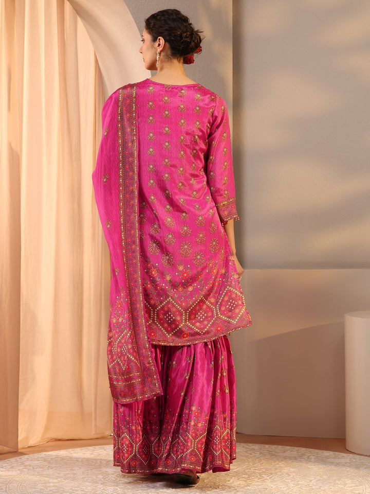 Pink Printed Chinon Sharara Suit Set With Dupatta
