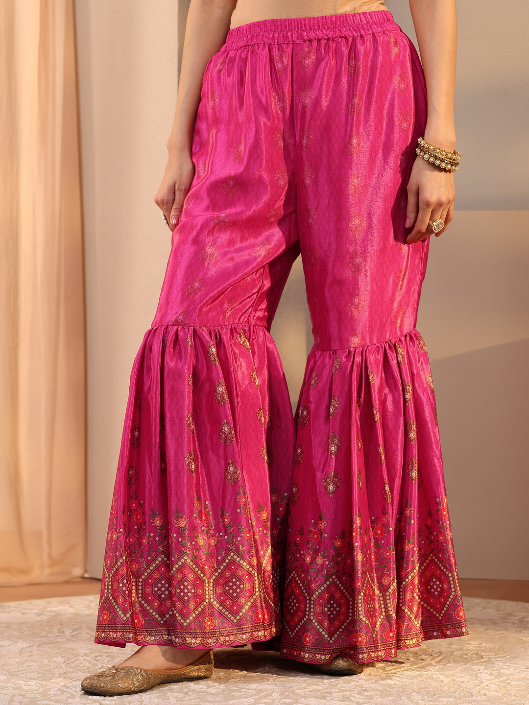 Pink Printed Chinon Sharara Suit Set With Dupatta