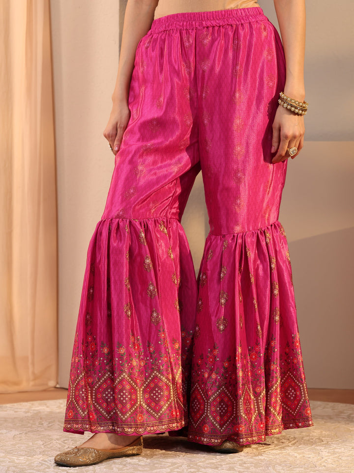 Pink Printed Chinon Sharara Suit Set With Dupatta