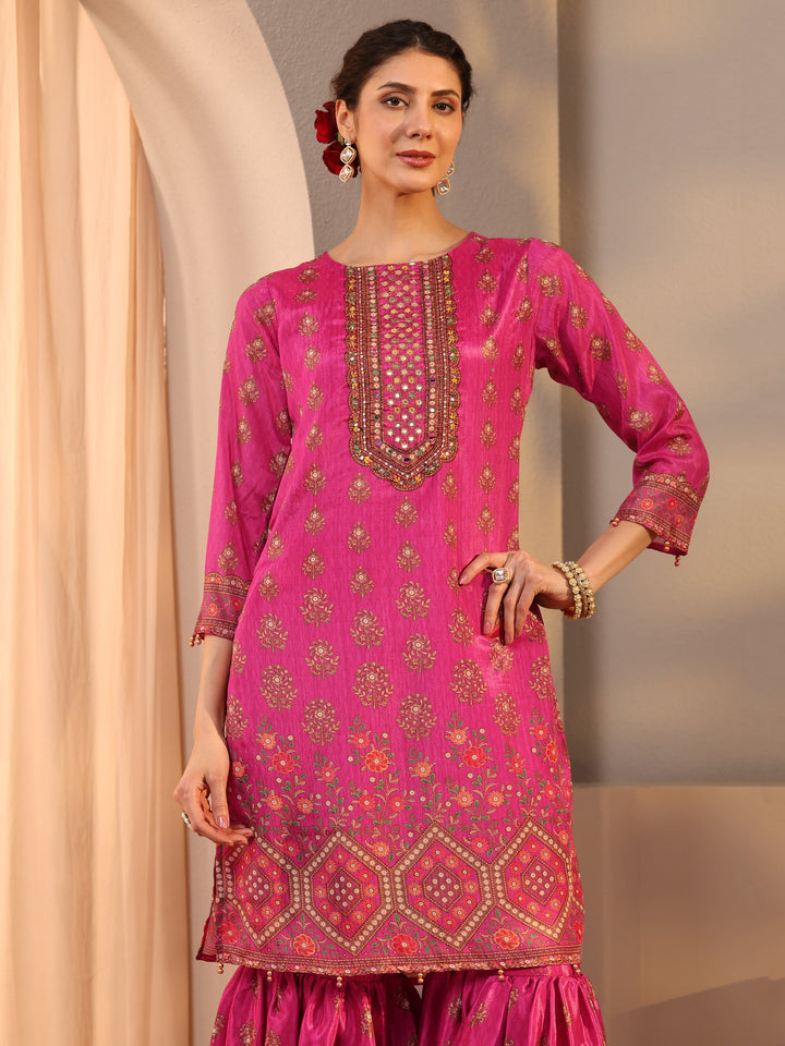 Pink Printed Chinon Sharara Suit Set With Dupatta