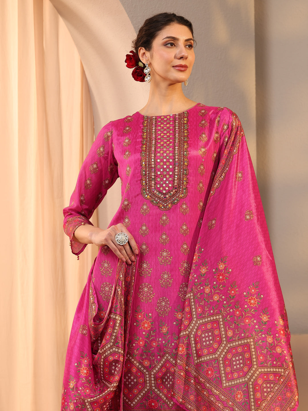 Pink Printed Chinon Sharara Suit Set With Dupatta